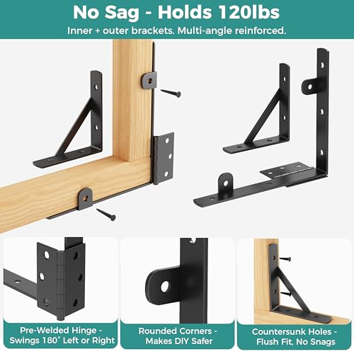 Anti Sag Wooden Gate Hardware Kit, Corner Bracket Frame Brace for Wood Gate with Self-Lock Latch, Heavy Duty for Outdoor Deck Fence Porch Shed Driveway Yard Garden Outside Pool Farm, 2-Pack