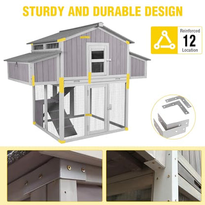 Aivituvin Large Chicken Coop for 4-6 Chickens, Raised Outdoor Wooden Chicken House with Unique Folding Design, 2 Nesting Boxes, Easy Clean Pull-Out Tray, Waterproof Asphalt Roof - Grey - size: 69.8"L x 42.0"W x 54.6"H