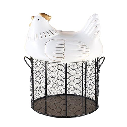 NFNSIG Chicken Egg Basket, Chicken Egg Holder, Black Wire Chicken Egg Collection Baskets with Ceramic Lid and Handle for Gathering Fresh Eggs, Farmhouse Style Egg Storage Container for Kitchen(White) - color: White