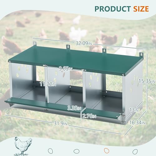 Chicken Nesting Box – 3/4/6/8-Room Metal Poultry Laying Box with Rollaway Egg Collection, Wall-Mounted Or Freestanding, Easy Assembly, Green(3 Holes)