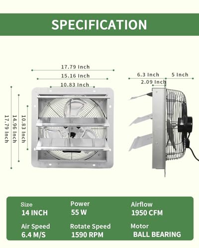 14 Inch Shutter Exhaust Fan, Vent Fan with Power Cord Wall-Mount, High Speed 1520CFM for Garages, Attic, Shops, Greenhouse - size: 14 IN