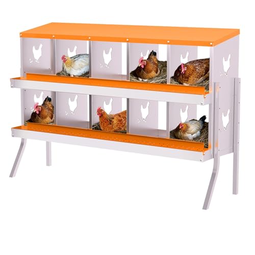 10-Panel Galvanized Steel Nesting Box for Chicken Coop - Removable Drop Tray & Ventilation - Easy Clean Laying Box for Hens, Ducks - Rustproof Design Protects Eggs - color: Orange, size: 10 compartments, with bracket