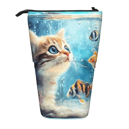 Cat and Fish Kids Standing Pencil Case Girls Boys Telescopic Stationary Pouch with Zipper Large Capacity Stand up Pen Bag Portable Makeup Holder for Children School Students Office Supplies - color: Cat and Fish