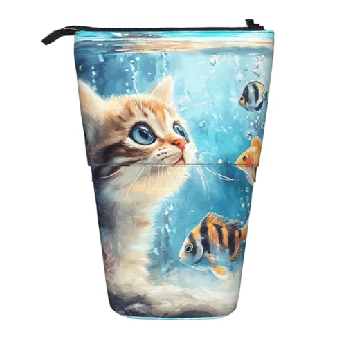 Cat and Fish Kids Standing Pencil Case Girls Boys Telescopic Stationary Pouch with Zipper Large Capacity Stand up Pen Bag Portable Makeup Holder for Children School Students Office Supplies - color: Cat and Fish
