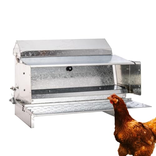 RentACoop 25 lb Automatic Treadle Chicken Feeder, Metal Rat Resistant Poultry Feeder, Rainproof No Waste Step-On Feeder for Chickens, Bantams, Ducks, Pheasants, Outdoor Covered Feed Bin - style: 25LB Treadle Feeder