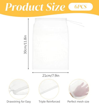 6 Pack Nut Milk Bag, 12 x 8 Inch Reusable Mesh Strainer for Juicing Nut Milk, Cheese, Tofu, Tea (Fine Mesh, Washable)