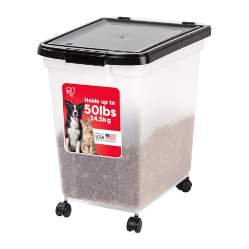 IRIS USA Airtight Dog Food Storage Container, WeatherPro, Up to 50 lbs, Removable Wheels, for Dog Cat Bird and Other Pet Food Storage Bin, Keep Fresh, Translucent Body, Made in USA, Clear/Black - color: Black, size: 50 lbs