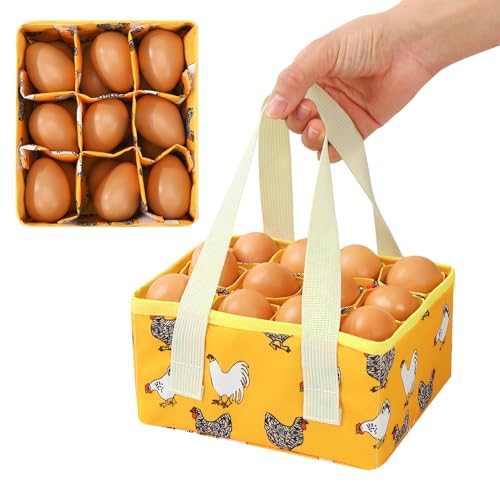 Removable Egg Collecting Basket, Egg Basket for Gathering Fresh Eggs with 9 Pouches, Foldable Canvas Egg Holder, Collector Egg for Chicken, Duck, Goose, Collection (Yellow-flowered Chicken) - style: Yellow-flowered Chicken