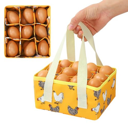 Removable Egg Collecting Basket, Egg Basket for Gathering Fresh Eggs with 9 Pouches, Foldable Canvas Egg Holder, Collector Egg for Chicken, Duck, Goose, Collection (Yellow-flowered Chicken) - style: Yellow-flowered Chicken