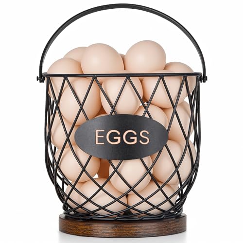 Chicken Egg Basket for Gathering Fresh Eggs with Metal Handle, Wire Egg Collecting Basket with Wooden Base, Round Egg Holder Countertop, Vintage Rustic Farmhouse Kitchen Decor Fruit Storage - color: Rustic Brown