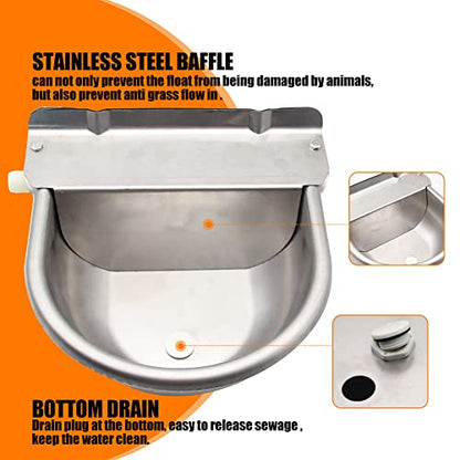 Automatic Livestock Water Bowl Float Valve Self-Filling Dog Goat Chicken | 304 Stainless Steel Animal Waterer Auto Refill, Horse Pig Cow Sheep Cat, Drainage, 3/4" GHT Hose & Mounting Bolts, Farm Ranch