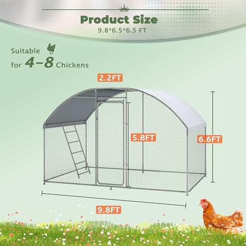 Metal Chicken Coop, 9.8 x 6.6 x6.6 Walk-in Chicken Run for 10 Chicken with Upgrade Roosting Perch, Water-Resident and Anti-UV Cover, Sturdy Dome Roof Chicken House for Outdoor Farm Use - color: Dome Roof