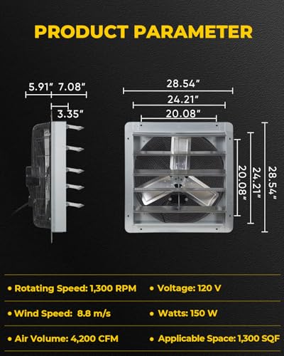 VENTISOL 24 Inch Shutter Exhaust Fan, Ven Fan with Power Cord & Variable Speed Controller Wall Mount, High Speed 4200CFM for Garages, Attic, Shops, Greenhouse - style: 24" with Power cord