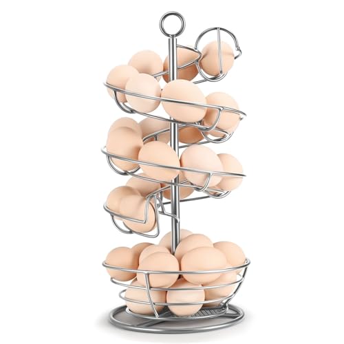 Flexzion Spiral Egg Rack for Fresh Eggs - Sturdy Silver Metal Egg Skelter Countertop Egg Holder with Bottom Basket and 360-Degree Rotatable Middle Pole Up to 36-Egg Capacity, Egg Storage Rack Solution - color: Silver, size: Large Skelter