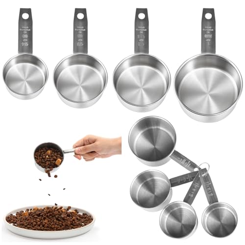 4 Pcs Dog Cat Food Scoop Stainless Steel Measuring Cup Set 1, 1/2, 1/3, 1/4 Cup Pet Measuring Cups for Dog Cat Dry Metal Food Storage Liquid Scoop for Kitchen Coffee Cooking Dishwasher