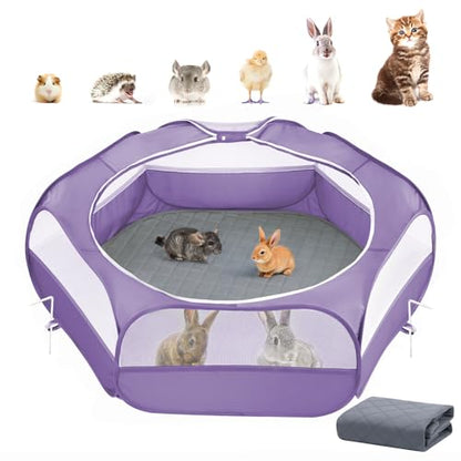 2-in-1 Small Animals Playpen with Pad, Waterproof Small Pet Cage Tent with Reusable Pad, Portable Outdoor Yard Fence with 3 Metal Rod for Chick/Kitten/Puppy/Guinea Pig/Rabbits/Chinchillas, Purple+Gray - color: U-Purple+Gray