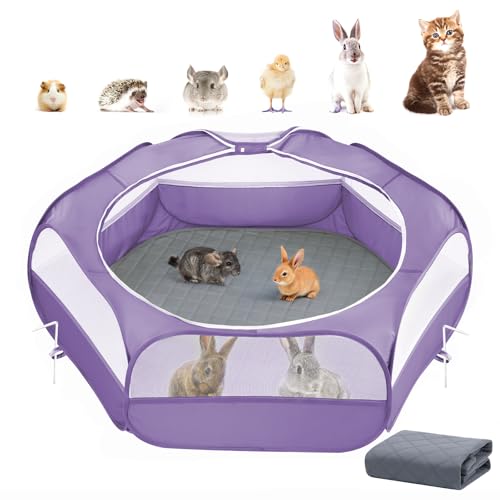 2-in-1 Small Animals Playpen with Pad, Waterproof Small Pet Cage Tent with Reusable Pad, Portable Outdoor Yard Fence with 3 Metal Rod for Chick/Kitten/Puppy/Guinea Pig/Rabbits/Chinchillas, Purple+Gray - color: U-Purple+Gray