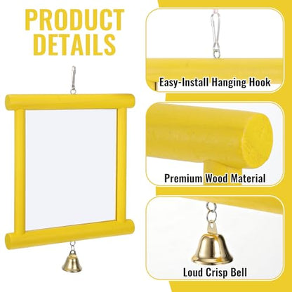 Chicken Mirror Toys Extra Large Chicken Enrichment Toys for Coop 10.6 x 10 Inch Wooden Hanging Swing Mirror with Bell Yellow Coop Pecking Accessories Molar Stones