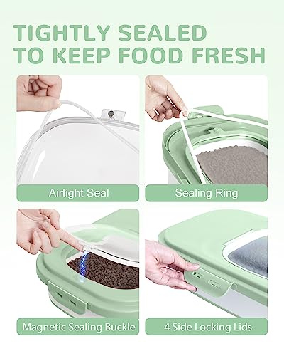 20-23 Lbs Dog Food Storage Container Airtight,Collapsible Pet Food Storage | Dog Food Container with Double Airtight Seal & Magnetic Lid,Cat Food Container with Wheels for Easy Moving,Small Jar,Scoop - color: Green&White