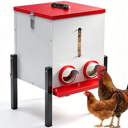 55LB Automatic Chicken Feeder, 40L Metal No Waste Poultry Feeder with Rat-Proof Design, 4 Feeding Ports, Weatherproof Locking Lid, Height-Adjustable Legs for Chickens, Ducks and Geese