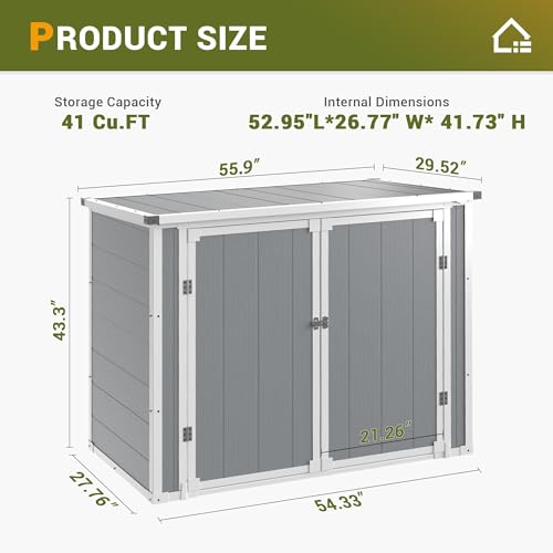 41 Cu.Ft Horizontal Outdoor Plastic Storage Shed/Box Trash Can Sheds Weatherproof Resin Shed with Floor Thickened & Gas Spring & Lockable Doors for Tools, Lawn Mower Storage（4.5 * 2.5 FT）