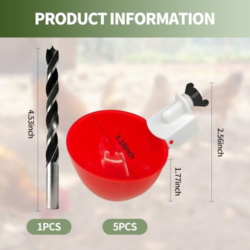 5PCS Chicken Waterer Cups, Red Automatic Poultry Watering Cups, Tee Fittings Poultry Waterer with Mounting Hole Opener,Ideal for Chicken Coop, Ducks, and Backyard Poultry