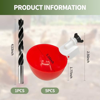 5PCS Chicken Waterer Cups, Red Automatic Poultry Watering Cups, Tee Fittings Poultry Waterer with Mounting Hole Opener,Ideal for Chicken Coop, Ducks, and Backyard Poultry