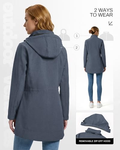 Outdoor Ventures Women's Softshell Jacket with Removable Hood Fleece Lined Windbreaker Insulated Long Warm Rain Jacket - color: Grey Blue Heather, size: 4X-Large