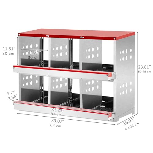 Chicken Nesting Boxes for Laying Eggs, 2-Tier 6 Compartment Roll Out Ducks Poultry Hens Nest Box with Lid Cover, Rolling Egg Collection Protection Chicken Coop for 6 Up to 24 Chickens, Silver and Red