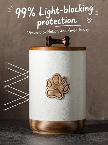 Miamolo Dog Treat Container, Airtight Dog Food Storage Container with Lid and Handle, Ceramic Pet Food Storage Jar for Kitchen Counter Farmhouse Dog Biscuit Jar, Dog Lovers Gift, Paw Glinting White - color: Paw Glinting White