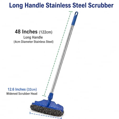 Stainless Steel Scrubber with 48" Long Handle, Heavy Duty 12.6" Widened Wire Mesh Broom for Commercial Kitchen, Garage Floor Oil Stain, Outdoor Patio, Griddle Cleaner, Pack of 1 Pole & 2 Refills