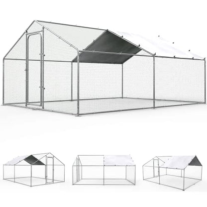 ORANLAND Large Metal Chicken Coop, 9.9x9.9x6.6ft Walk-in Chicken Runs with Cover, Spire Roof Chicken Pen with Security Lock, Outdoor Duck Rabbit Cage Poultry Pen for Backyard, Farm, Yard - size: 118.2"L x 118.2"W x 76.8"H