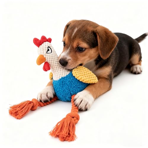 Plush Chicken Dog Toy with Squeaker, Interactive Rope Legs, Colorful Textured Rooster Chew Toy for Small, Medium Dogs, Tug-of-War, Fetch - color: Blue Rooster