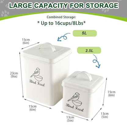 Set of 2 Metal Bird Seed Storage Container,Combined 8lbs Bird Seed Container with Scoop,Wild Bird Food Bins for Storing Sunflower Seed-Sturdy and Squirrel proof-6''x9''+5''x5''-White