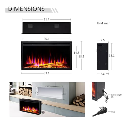 LegendFlame 33" W Smart Wall Mount & in Wall Recessed Electric Fireplace Insert, Heater 750W/1500W, Multi Colors of Flame & Fuel Bed, Alexa/Google Assistant Enabled - size: 33" DEEP