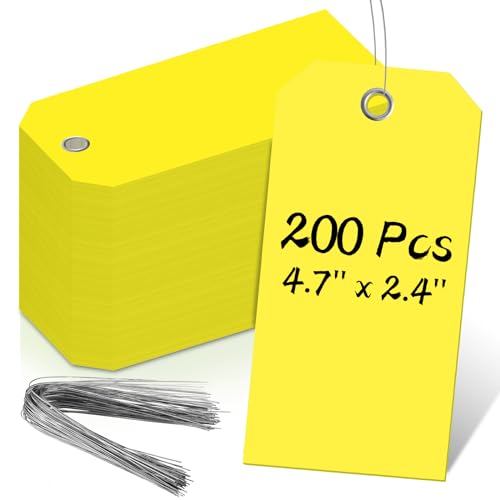 200 PCS 4 3/4" x 2 3/8" Neon Color Shipping Tags with Wire Paper Heavy Duty Hang Tags with Reinforcement Holes Writable Luggage Tag with String Durable Marking Tags (Neon Yellow, 4 3/4" x 2 3/8") - color: Neon Yellow