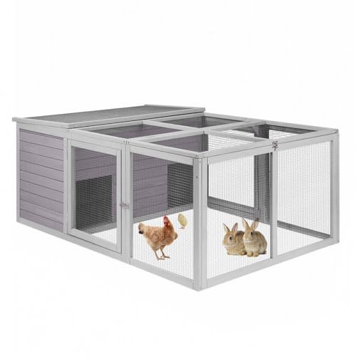 Chicken Coop Rabbit Hutch with Run for Ducks and Guinea Pigs,Wooden Outdoor Bunny Cage with PVC Layer