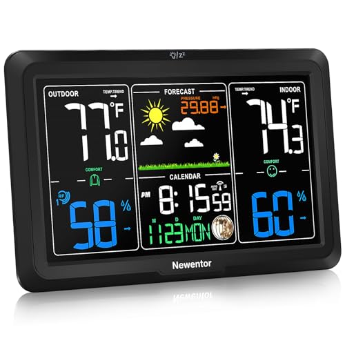 Newentor Weather Station Wireless Indoor Outdoor, Indoor Outdoor Thermometer Wireless, 7.5" Home Weather Stations with Atomic Clock, Temperature Humidity Gauge, Weather Forecast and Barometer, Black - color: Black, size: with 1 Sensor