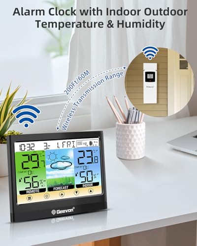 Geevon Weather Station Wireless Indoor Outdoor Thermometer Hygrometer with Dew Point, Heat Index, Touch LCD Display Digital Weather Thermometer with Alarm Clock and Adjustable Backlight
