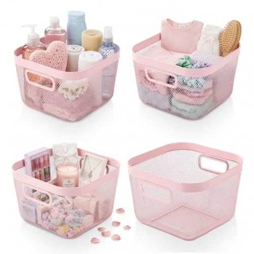 MorningRo 4 Pack Metal Mesh Basket with Hollow Handles Pink Wire Storage Bin for Organizing Stackable Metal Fine Mesh Basket for Pantry Bathroom Kitchen Cabinets Shelves (Medium) - color: Pink, size: Medium