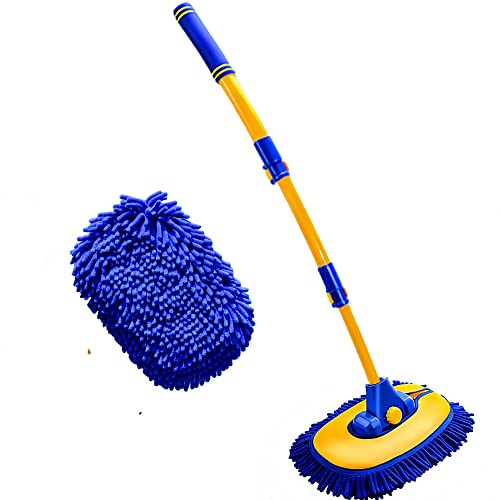 Mveqrrn Upgrade Car Wash Brush with Long Handle,Car Wash Brush Car Cleaning Brush Kit Car Wash Mop Car Wash Brush with Telescopic Pole Car Washing Brush with Scratch-Free Replacement Head(Blue - color: Blue-001