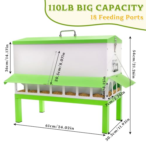 Metal Chicken Feeder 110lb,No Waste Automatic Large Capacity Chicken Feeder with 18 Ports & Locking Lid, Galvanized Poultry Equipment,Weatherproof,Rodent Proof, Rat Proof, Comederos para Gallinas