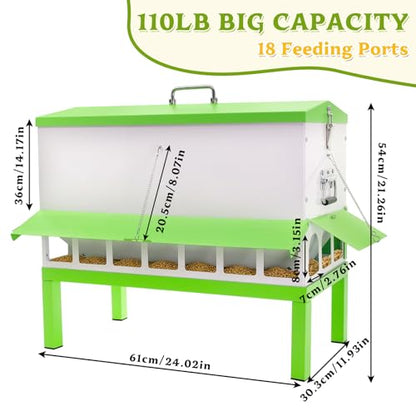 Metal Chicken Feeder 110lb,No Waste Automatic Large Capacity Chicken Feeder with 18 Ports & Locking Lid, Galvanized Poultry Equipment,Weatherproof,Rodent Proof, Rat Proof, Comederos para Gallinas