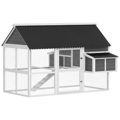 PawHut Chicken Coop with Run, Large Wooden Chicken House with 2 Nesting Boxes, 2 Roosting Bars, Ramp & Tray, Hen House Poultry Cage for 4-6 Chickens, 69" W x 84" x 59"