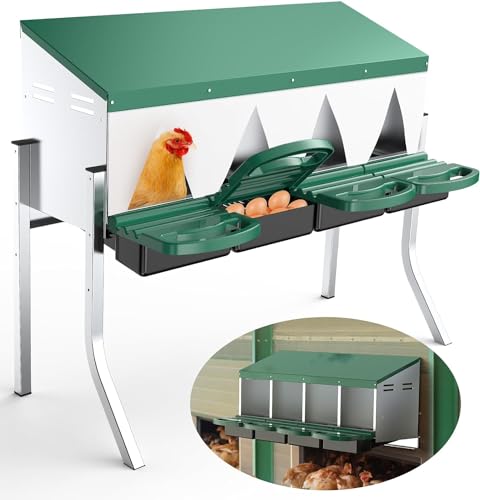 Chicken Nesting Boxes for Laying Eggs - 4 Compartment Roll Away Nesting Box for Chickens Coop with Adjustable Legs,Chicken Perch ＆ Roll Out Egg Tray,Curtains and 4 Fake Eggs Help Hen for Laying Eggs