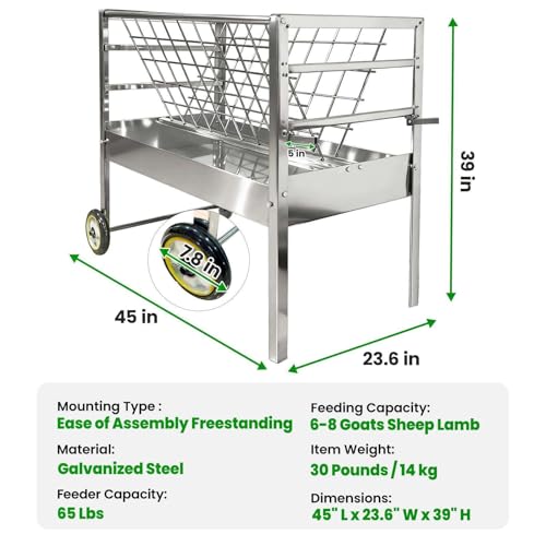 Easy to Assemble 2 in 1 Livestock Feeder with Wheels, Hay Grid on Top and Grain Trough Below, Heavy Duty Galvanized Steel, Space Saving Freestanding Feeder