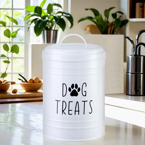 Dog Treat Container Airtight, Dog Treat Jar Set of 2 with Lid - 9x5.5''&7x4'' Metal Dog Cookie Jar for Farmhouse Kitchen Counter, White Pet Treat Container, Dog Treat Storage Container for Dogs, Cats - color: Circle-White