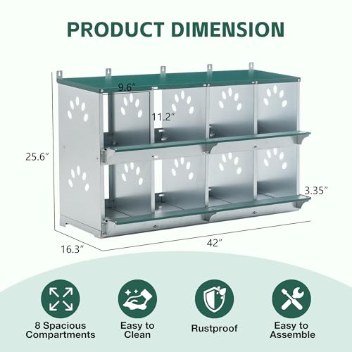 8 Compartment Metal Chicken Nesting Box with Roll Away Egg Collection 42×16×25in,Wall Mountable Large Hen Laying Box with Vented Holes,8 Houses Coop Roosting Boxes Fit for Different Poultry Breeds - size: 42×16×25in