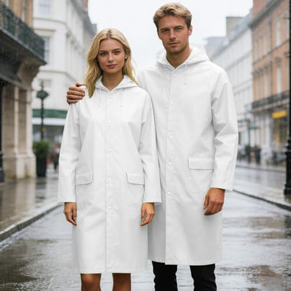 Unisex Hooded Raincoat Waterproof Reusable Rain Jacket with Pockets for Cycling Hiking Travel Commuting - color: White, size: Large