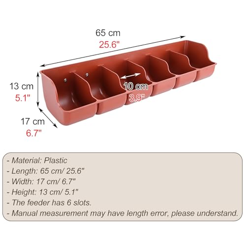 4 5 6 Holes Plastic Peacock Feeder Trough, Poultry Water Trough Replacement with Separated Fence, Small Pig Feeder for Outdoor/Indoor(Red L65cm/25.6") - size: Red L65cm/25.6"
